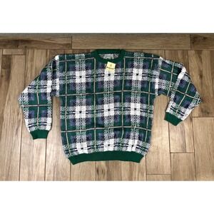 Vintage 90s Siegfried Plaid Sweater 2XL Green Blue Cotton Knit Grandpa Style NWT